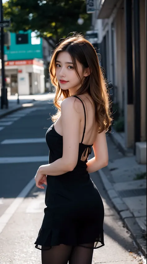 Realistic, RAW photo, Digital SLR, filmgrain, Fujifilm XT3, night shot, 1girll, goddes,Curly hair, Long hair, Silver hair,upper legs, ([:See-through:4]:1.2) Black dress, (Estampados florales:1.2),Black pantyhose,(deserted street), The light from the back w...