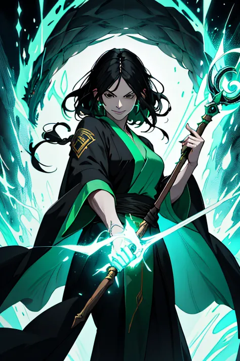 1woman .colorful eyes, flowing black hair, in flowing robes, middle-aged woman, black eyes, slight smile, green powers, magic, dnd, holding a staff, fantasy looking at viewer,extremely detailed CG unity 8k wallpaper, dynamic pose, cinematic lighting