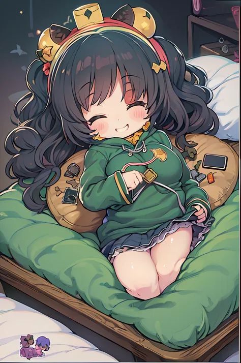 masutepiece, Best Quality, 1 girl, Solo, effect, Dark background, Sleeping in bed with a happy face,Chibi、bbw, Chibi Art, Advanced Digital Chibi Art, Lori, Cute Anime