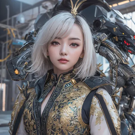 cg ，light orange full set of thick mechs，giant，, realistic secret girl rendering, detailed face of a asian girl, reality in the ...