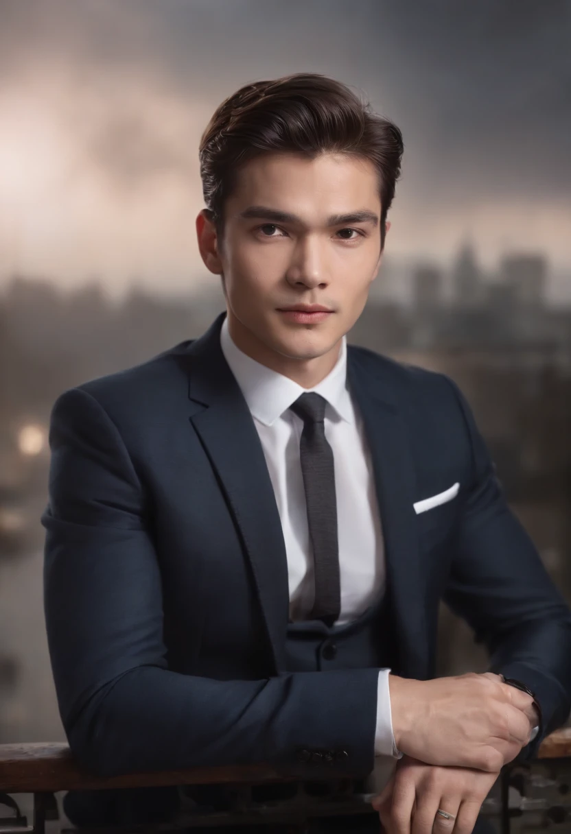 masterpiece, best quality, (1male:1.1), (solo:1.3), looking at viewer, photograph, formal wear, (no words:1.6), upper body, studio lighting, simple background, middle full shot