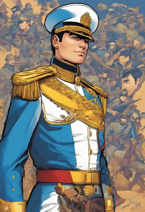 General Humano, uniforme militar elegante e bem ajustado, com tons de azul e dourado, cabelo grisalho cortado curto, e ele possui uma barba.