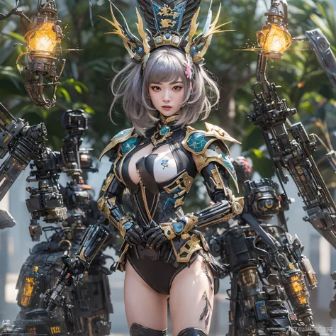 cg ，light orange full set of thick mechs，giant，, realistic secret girl rendering, detailed face of a asian girl, reality in the ...