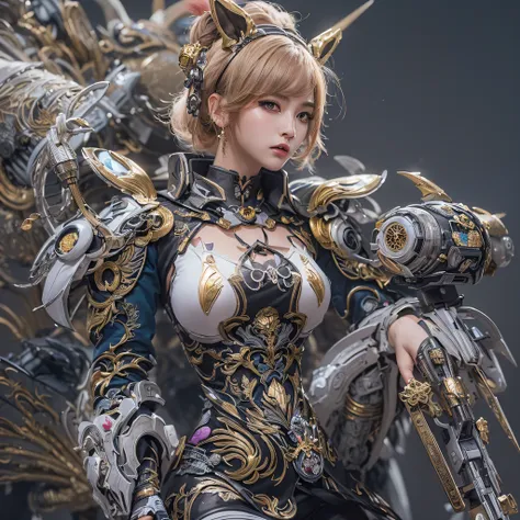 cg ，light orange full set of thick mechs，giant，, realistic secret girl rendering, detailed face of a asian girl, reality in the ...