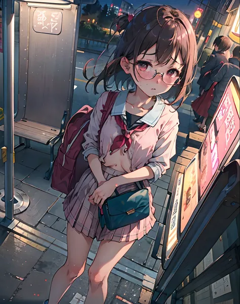 fullnude、Covered bus stop at night without popularity、Sitting on a bench、teens girl、Carrying a pink school bag、Anxious and embarrassed face、A dark-haired、eye glass、Open legs、small tits、teats、Manstreak、Angle from below、Looking at the camera、not any dressed、...