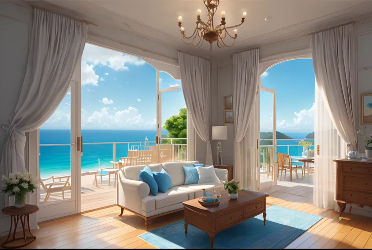 Professional 3D Rendering、ultra-detailliert、Retro Touch、Illustrative、Sharp Focus、Resorts、Inside the cottage、White curtains、by the window、blue-sky、Big ocean seen beyond the window、Vibrant colors、