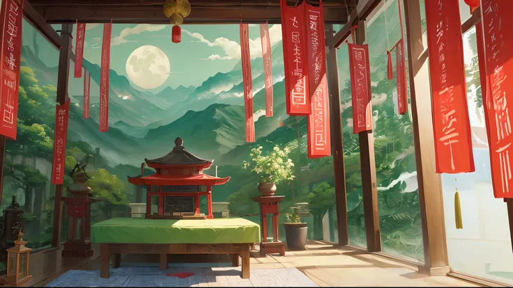 jade，smog，themoon，lotuses，Marriage，Birds of wings，Even the branches，Fan curtains，red line，Shrine（No Figures: Chinese Feng Shui Ink Painting）