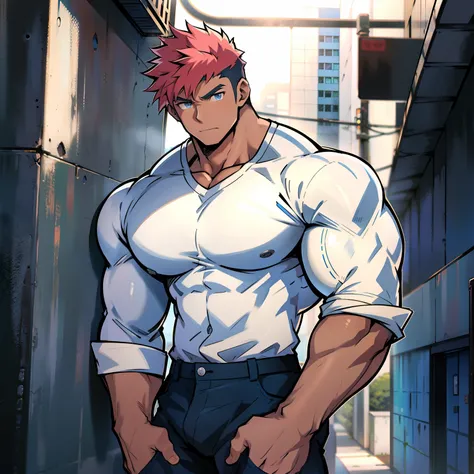 ((Anime style art)), Extremely muscular masculine character, pale skin, rainbow hair,  sapphire blue eyes, bodybuilder body, wearing a deep-cut V-neck shirt, hands punching The character is leaning against a wall. Pockets, Futuristic cityscape, Busy route,...