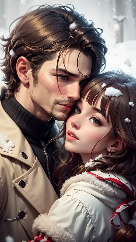 couple in love, beautiful face, perfect detailed face, beautiful woman, handsome man, model appearance, expressive facial features, hugs, kiss, winter, snow, snowdrift, tenderness, romance, --auto --s2