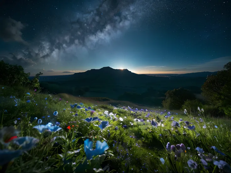 Vast landscape photos , (a view from below that shows sky above and open field below), ( shooting stars:0.9), (a moon:0), (suns:0), (nebulas:1.3), Distant Forest, Tree Break Production Art, (Cold light source:1.2), (Pyrilamp Light:1.2), Very blue and white...