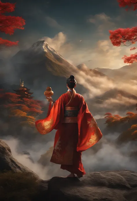 (((Japanese God))) best quality, ultra-high resolution, 4K detailed CG, master piece,KAGUTSUCHI, Man, Japanese clothes, wind, flames, smoke,Japanese mythology, Japan, ((next to camera)), Shui Mo Hua, Chinese painting style, Thangka style, aesthetics, Beaut...