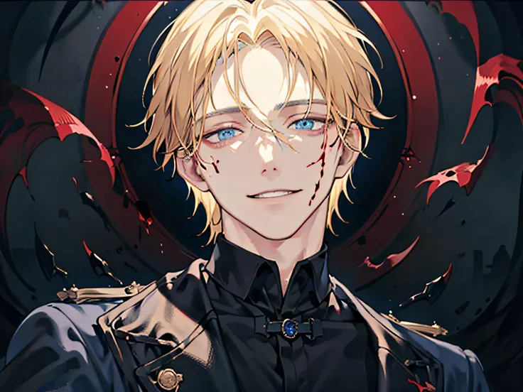 Background black,a handsome man,1 boy, Blonde hair, Blue eyes, 20 years old,,Shaded face、Scary smile、Blood on the face,Psychopath Smile,creepy expression,mad look,,Dynamic Angle,