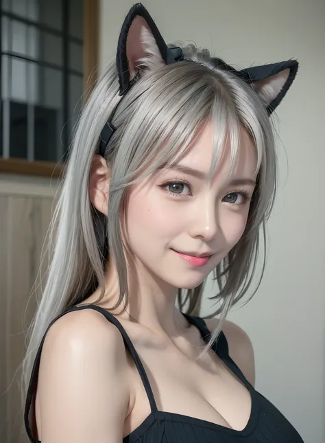 (masutepiece: 1.2, Highest Quality), (realphoto, Intricate details), 1 Lady, Solo, Upper body, casual, shoulder length hair, Minimal makeup, Natural Fabric, Face Close-up, Smile, Home, White hair, Blue eyes, Cat ears,