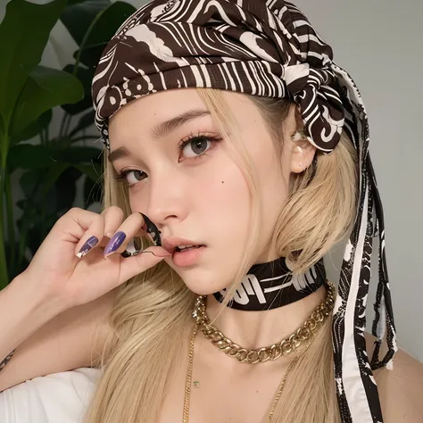 Mulher loira com bandana, Cl, usando uma bandana e corrente, bandana, ava max, anime vibes, Ela parece uma mistura de Grimes, parece uma mistura de grimes, assemelhando-se a uma mistura de grimes, wearing a chocker and cute hat, head scarf, Ahegao, parece ...