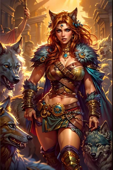 (best quality,ultra-detailed),(realistic:1.37),scene:sexy muscled female barbarian,red long hair,sexy barbarian outfit,six packs,detailed clothes,riding big wolf,scouting plain nearby,medium:oil painting,material:fine canvas,additional details:gorgeous gol...