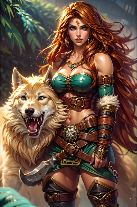 (best quality,ultra-detailed),(realistic:1.37),scene:sexy muscled female barbarian,red long hair,sexy barbarian outfit,six packs,detailed clothes,riding big wolf,scouting plain nearby,medium:oil painting,material:fine canvas,additional details:gorgeous gol...