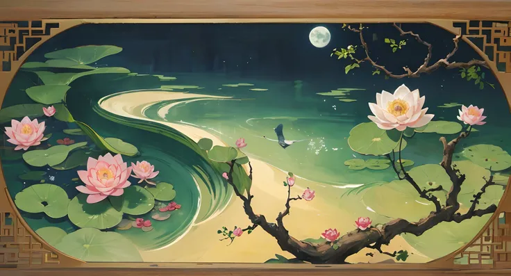 music album art：Jade ornaments，smog，themoon，lotuses，Birds of wings，Even the branches，fan（No characters，Pure scenery，Chinese feng ink painting）