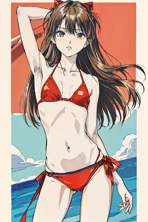 foto de retrato de Asuka Langley,  mejor calidad, ((muy flaca)) ((Asuka Langley 20 years old)), ((foto de cuerpo entero)), ((Beautiful Asuka Langley very anorexic)), ((cuerpo muy flaco en bikini: 2.0)), (((huesos y costillas muy visibles)) , ((small flat b...