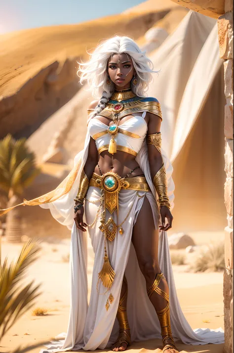 image of a black skin and white hair female enchantress, sexy fantasy clothes, ancient fantasy Egyth style, luxury jewelry, super sexy and hot, on a desert, charming gaze, full body,art style:fantasy,colors:rich and vibrant,lighting:soft golden sunlight