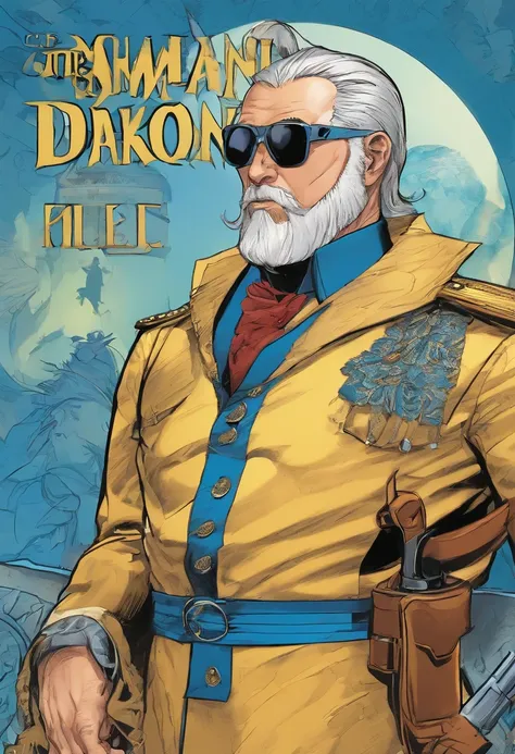 Human General Samuel Drakon, he wears an elegant and well-fitting military uniform, with shades of blue and gold, symbolizing Human diplomacy and strategy. His gray hair is cut short, and he has a well-groomed beard.