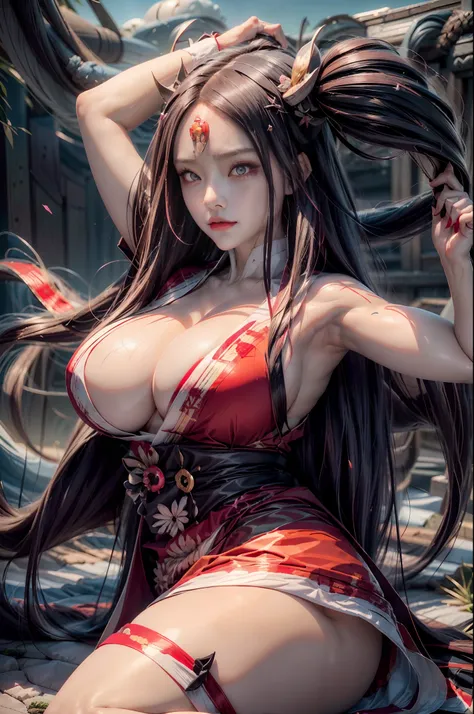 (ultra realistic photo of Nezuko kamado goddess of beauty, bright pink eyes, angry angry expression, 8k, UHD, hottie with ultra giant breasts, huge long breasts sticking out of the kimono, with long black hair and orange tips, sexy Japanese kimono dark pin...