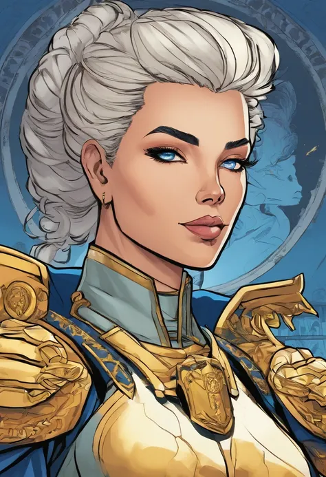 Human General Samuel Drakon, Ele usa um uniforme militar elegante e bem ajustado, com tons de azul e dourado, symbolizing human diplomacy and strategy. Her gray hair is cut short, e ele tem uma barba bem cuidada.