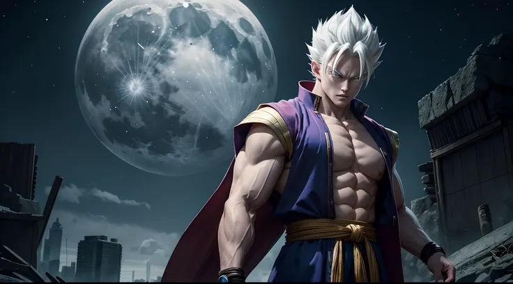 Gohan the 5, 20 year old super sayagin with pale skin is a true masterpiece of male beauty, anatomically perfect from a modern man standing tall in an abandoned haunted city . The moonlight highlighted his scars. The landscape is lush and mysterious, with ...