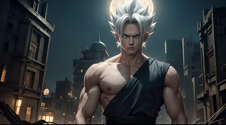 Gohan the 5, 20 year old super sayagin with pale skin is a true masterpiece of male beauty, anatomically perfect from a modern man standing tall in an abandoned haunted city . The moonlight highlighted his scars. The landscape is lush and mysterious, with ...