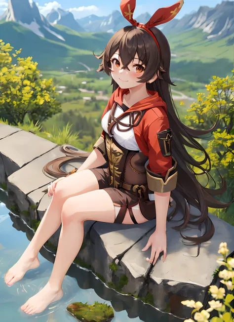 Amber, full body, sitting, smile, bare foot, blush, outdoors, day, simple background, blue sky, long hair, sky, temple, looking at viewer, sitting on stairs, feet in water, mountain, moody lighting,