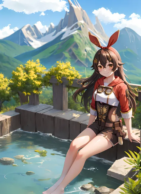 Amber, full body, sitting, smile, bare foot, blush, outdoors, day, simple background, blue sky, long hair, sky, temple, looking at viewer, sitting on stairs, feet in water, mountain, moody lighting,