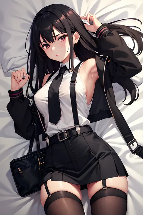 ,Belt bag,Suspenders Black Miniskirt　garterbelts　knee high　Stockings　Black Niso　Colorcon armpit sweat　perspiring　Side of both hands,Black jacket,Gaze,ample bosom,Armpit sweat,Exposing the armpits"Tight clothes、Cuffed、wristbands　Lie on the bed with your han...