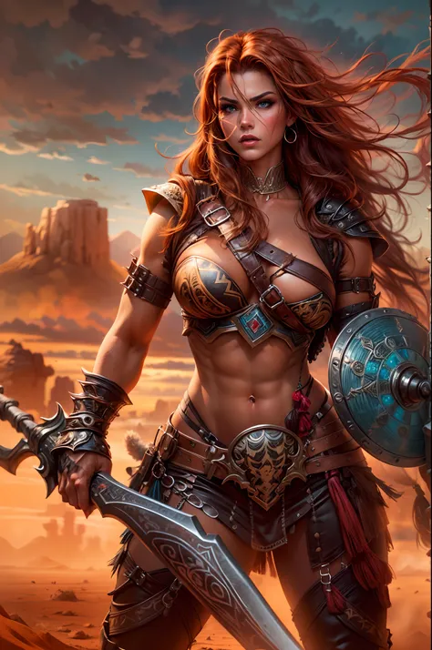 (best quality,highres,realistic:1.2),detailed red long flowing hair,(beautiful,detailed:1.1) face with piercing blue eyes, (voluptuous,fit:1.1) body with well-defined muscular arms and legs, (fierce:1.1) expression, (confident:1.1) posture, (fierce:0.9) an...