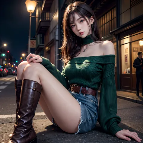 (masutepiece:1.3, Photorealsitic:1.4, 8K), top-quality, ​masterpiece, 超A high resolution, Perfect dynamic composition, Highly detailed skin and facial texture:1.3, A detailed eye, Detailed limbs, Street corner on an autumn night:1.1, 1girl in, Sexy 19 year...