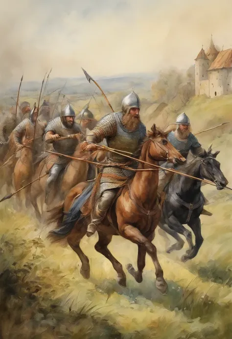 Middle Ages style，English longbowmen，Armed with a bow and arrow，Draw a bow and shoot arrows，standing in grassy field，No horseback riding，