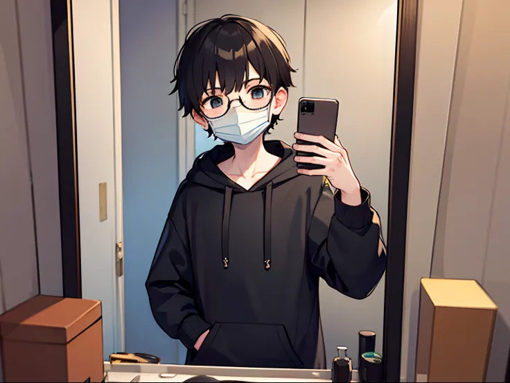 1 boy,black and short curly hair,glasses,black hoodie,a white mask,look on a mirror,take a selfie,black phone