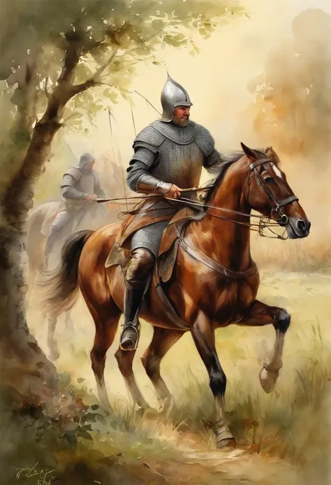 Middle Ages style，English longbowmen，Armed with a bow and arrow，Draw a bow and shoot arrows，standing in grassy field，Horseback riding is prohibited，