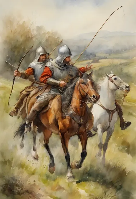 Middle Ages style，English longbowmen，Armed with a bow and arrow，Draw a bow and shoot arrows，standing in grassy field，Horseback riding is prohibited，