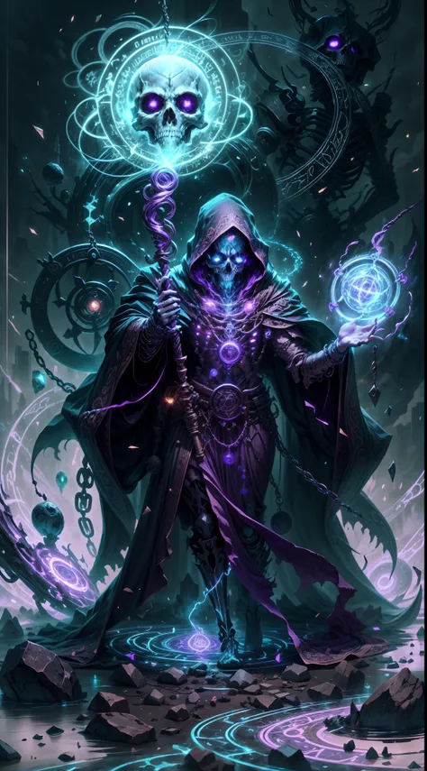 a dark runic skeleton lich, black gold skeleton, magical void energy, glowing eyes,holding a long staff with two hand, casting a...