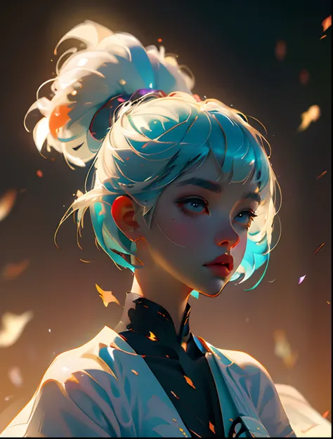 beautiful young samurai girl photorealistic white pixie cut hair focus on face particle