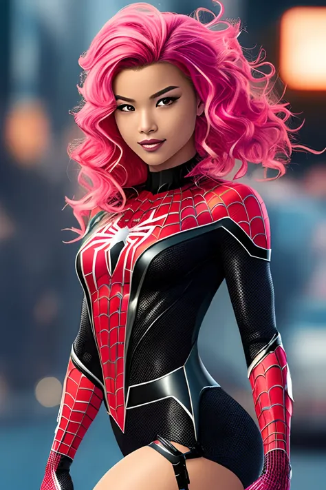 Give me an 19 year old Asian girl with black hair with pink streaks. She’s wearing a black and pink Spiderman suit and is in the marvel comic art style