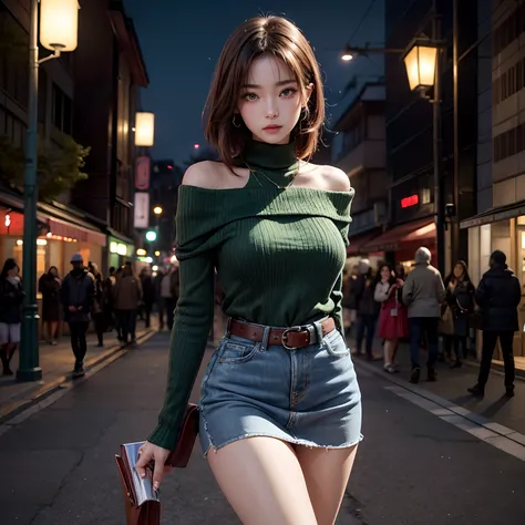 (masutepiece:1.3, Photorealsitic:1.4, 8K), top-quality, ​masterpiece, 超A high resolution, Perfect dynamic composition, Highly detailed skin and facial texture:1.3, A detailed eye, Detailed limbs, Street corner on an autumn night:1.1, 1girl in, Cute sexy 19...