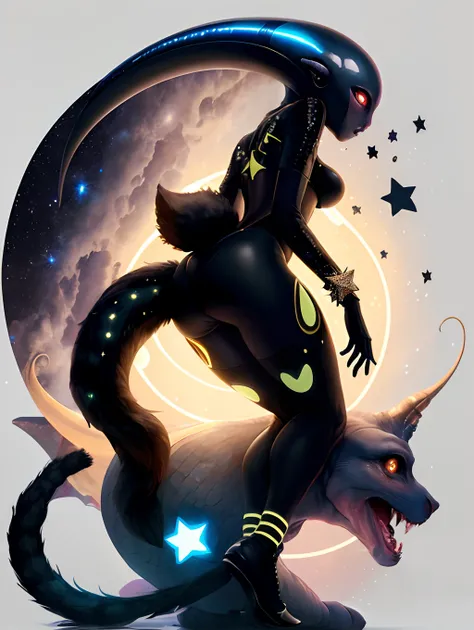 A female alien with black skin, a star-shaped head, and a tail.