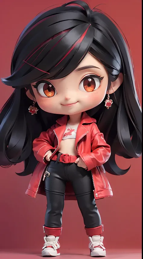 (Best Quality,4K,High resolution), tiny girl、((Long straight hair with red highlights on black hair、Red jacket with intricate décor、Navel Ejection、cross belt、Tight leather pants、))、Full body projection、Smile refreshingly、Chibi、sharp eye、Red eyeliner、long l...