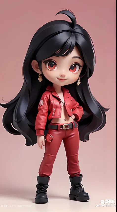 (Best Quality,4K,High resolution), tiny girl、((Long straight hair with red highlights on black hair、Red jacket with intricate décor、Navel Ejection、cross belt、Tight leather pants、))、Full body projection、Smile refreshingly、Chibi、sharp eye、Red Eyeliner、long l...