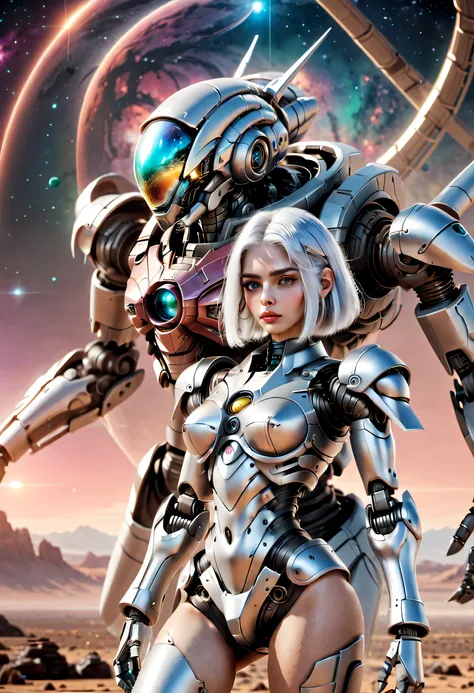 （（tmasterpiece，best qualtiy）），Beautiful 8K Ultra HD professional photos, Sharp focus, In a stunning fantasy world,Fully armed silver-haired girl and large mechanical robot structure，anatomy correct，Interstellar，Endless space，ssee-through，depth of fields，Ma...