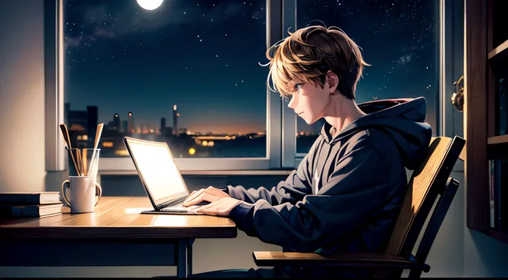 natta,Boy studying illuminated,profile,full bodyesbian,Sitting in a chair,Hoodie and sweatshirt,Moon and stars outside the window