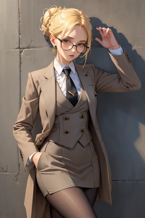 (masterpiece, best quality:1.2), cowboy shot, solo, 1girl, looking at viewer, hand on leg, blonde hair, elegant updo, hair up, messy hair bun, glasses, skirt suit, (((three-piece suit))), necktie, blazer, (((suit jacket))), (((waistcoat))), double-breasted...