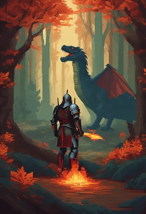 Create an 8-bit pixel art scene depicting a medieval knight battling a fire-breathing dragon in a pixelated forest.