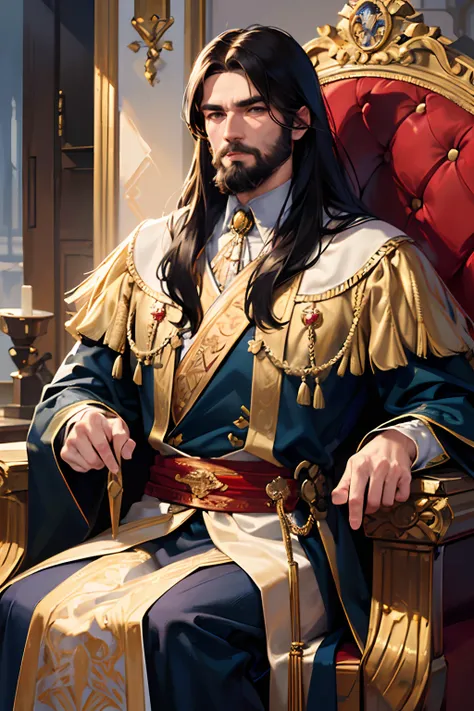 (best quality,4k,8k,highres,masterpiece:1.2),ultra-detailed,(realistic,photorealistic,photo-realistic:1.37),a man with a imposing face, long black hair, muscular, strong, king, kings attire, medieval, illustrious, powerful aura, noble posture, golden crown...