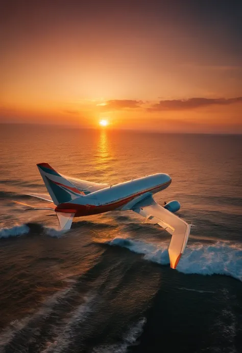 Airplane taking off over the sea on the background of the sunset